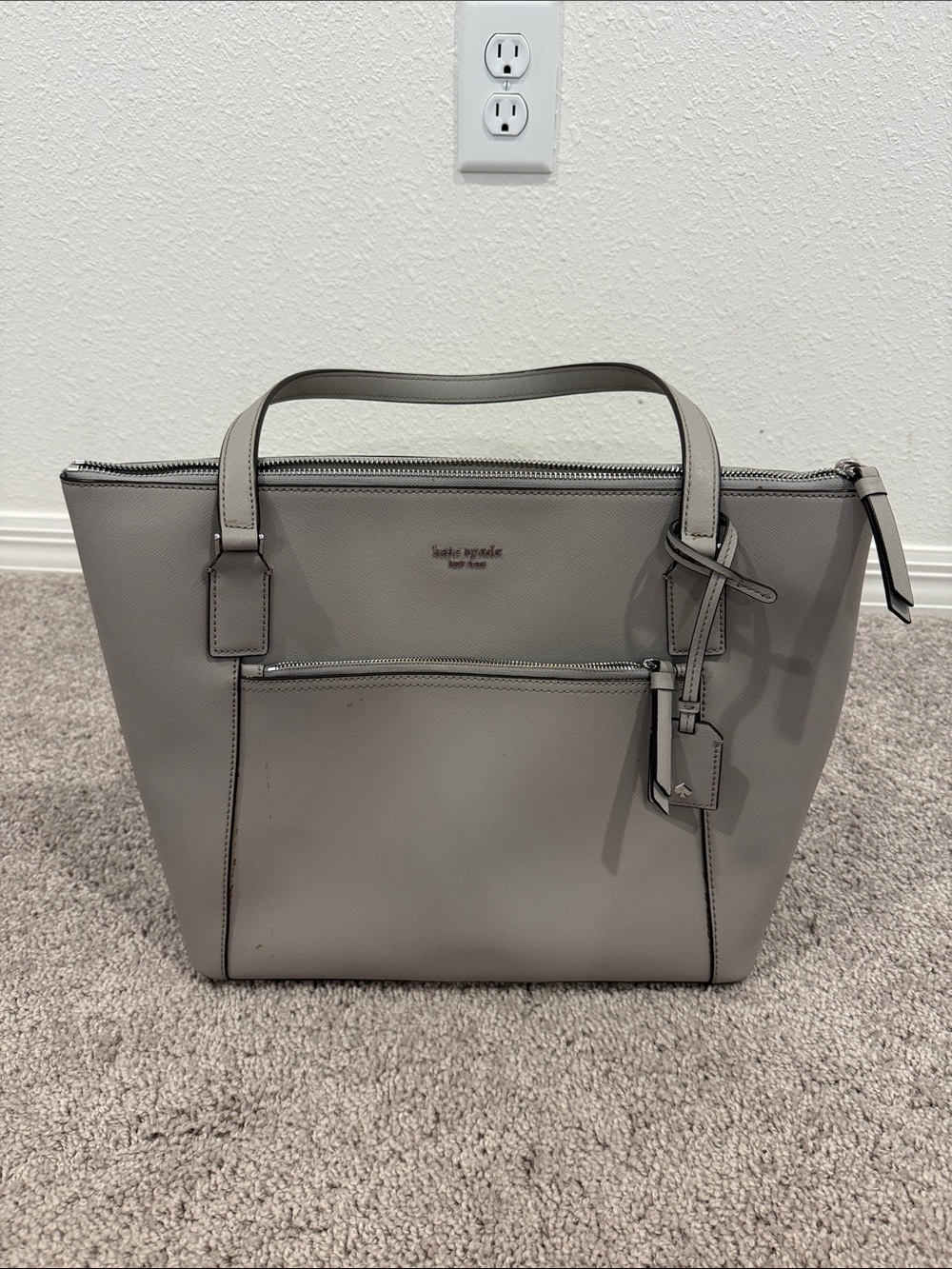 kate spade gray leather tote with front zip pocket